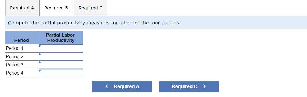 Required A
Compute the partial productivity measures for labor for the four periods.
Partial Labor
Productivity
Period
Required B Required C
Period 1
Period 2
Period 3
Period 4
< Required A
Required C
>