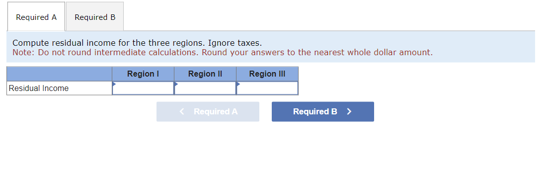 Required A Required B
Compute residual income for the three regions. Ignore taxes.
Note: Do not round intermediate calculations. Round your answers to the nearest whole dollar amount.
Region II
Region III
Residual Income
Region I
< Required A
Required B >