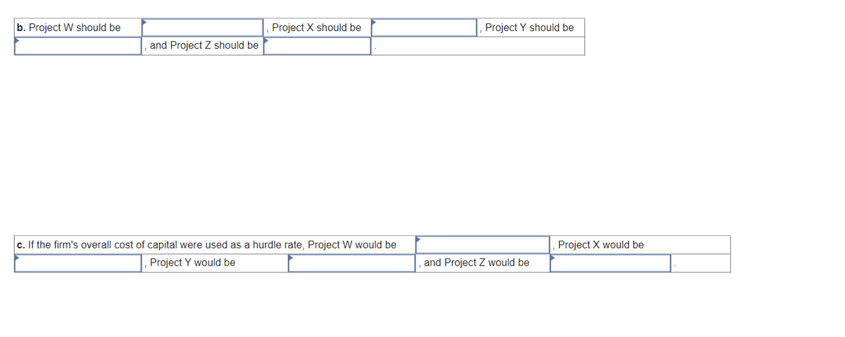 b. Project W should be
and Project Z should be
Project X should be
c. If the firm's overall cost of capital were used as a hurdle rate, Project W would be
Project Y would be
Project Y should be
and Project Z would be
Project X would be