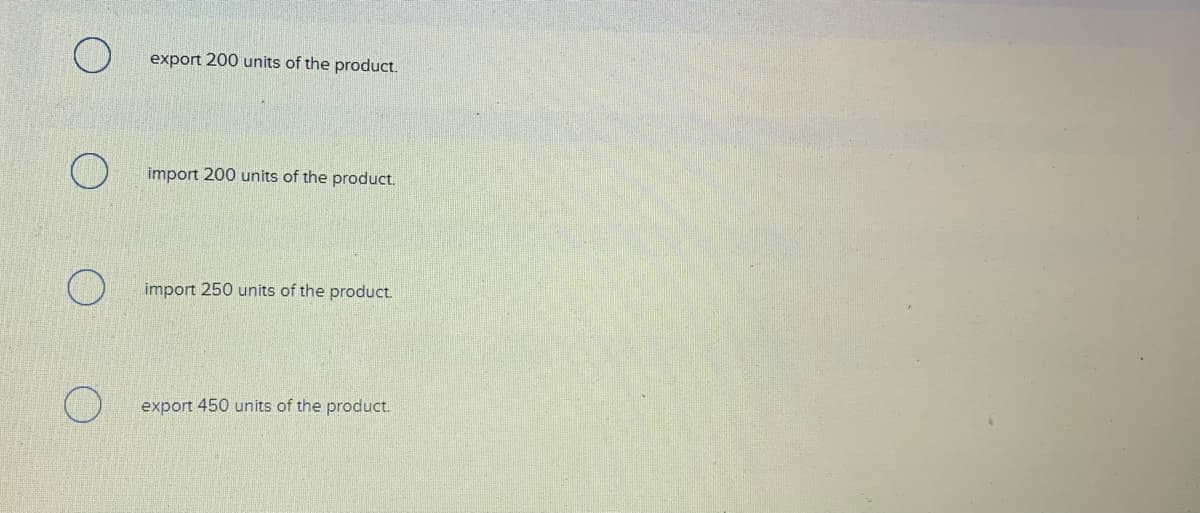 export 200 units of the product.
import 200 units of the product.
import 250 units of the product.
export 450 units of the product.
