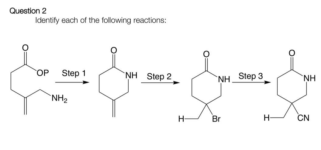 Question 2
Identify each of the following reactions:
NH Step 2
&&&&
H-
OP Step 1
NH₂
NH_Step 3
Br
H
NH
CN