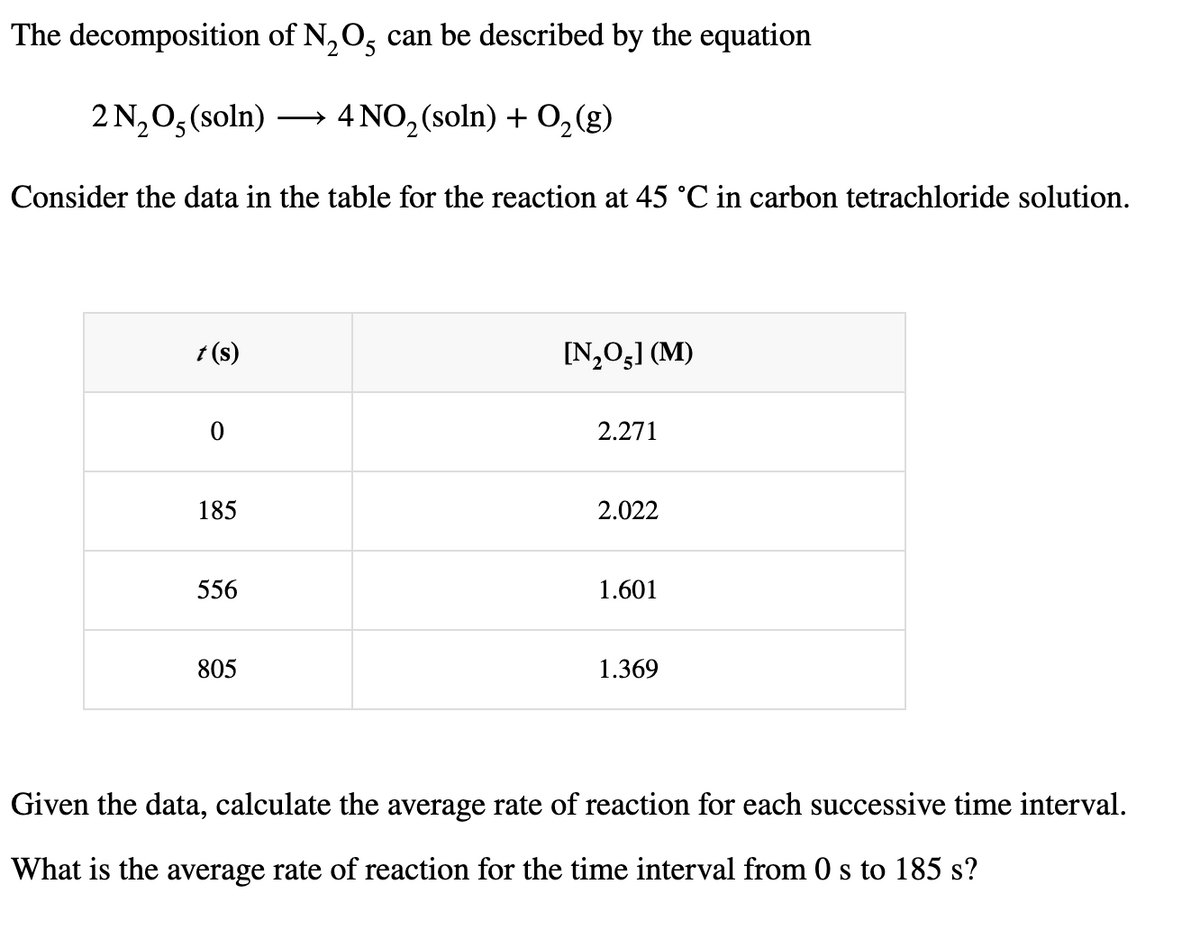 The decomposition of N,O, can be described by the equation
2 N,0, (soln)
4 NO, (soln) + O,(g)
Consider the data in the table for the reaction at 45 °C in carbon tetrachloride solution.
t (s)
[N,0,1 (M)
2.271
185
2.022
556
1.601
805
1.369
Given the data, calculate the average rate of reaction for each successive time interval.
What is the average rate of reaction for the time interval from 0s to 185 s?

