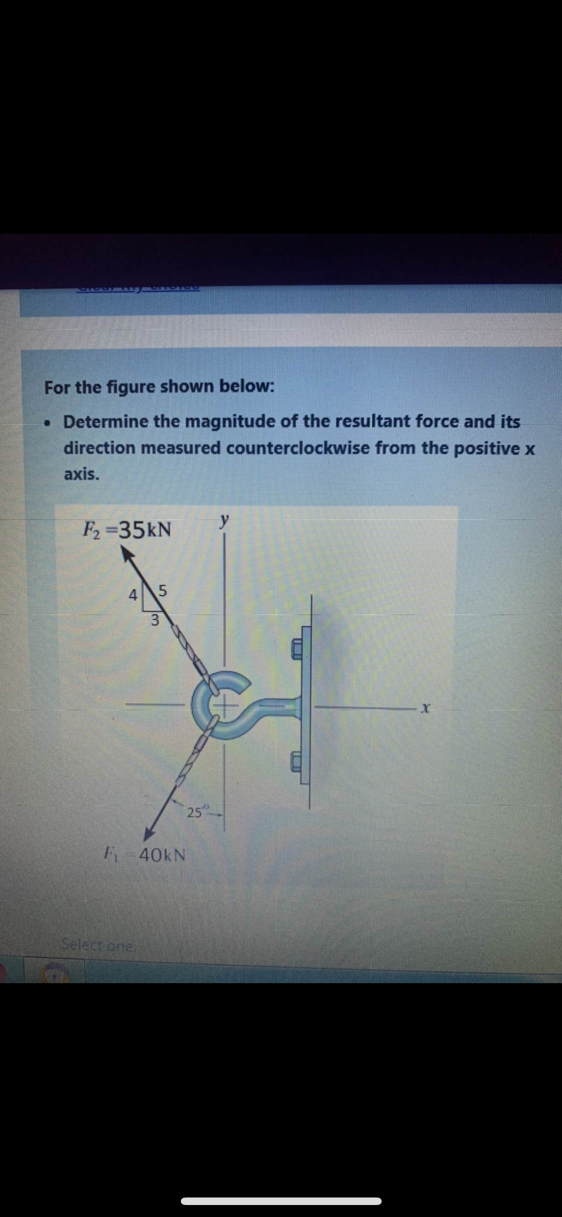 For the figure shown below:
• Determine the magnitude of the resultant force and its
direction measured counterclockwise from the positive x
axis.
