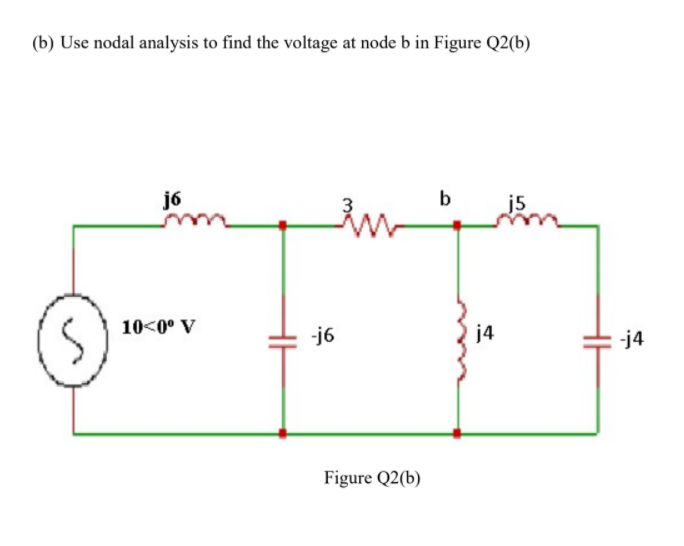 (b) Use nodal analysis to find the voltage at node b in Figure Q2(b)
j6
b
j5
10<0° V
-j6
j4
-j4
Figure Q2(b)
