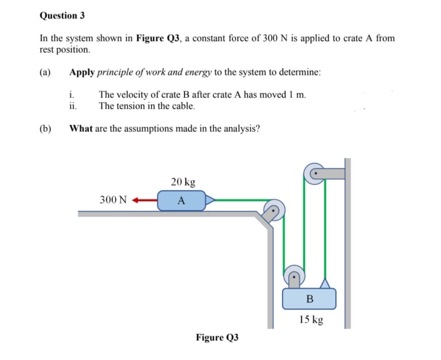 Question 3
In the system shown in Figure Q3, a constant force of 300 N is applied to crate A from
rest position.
(a)
Apply principle of work and energy to the system to determine:
i.
The velocity of crate B after crate A has moved 1 m.
The tension in the cable.
ii.
(b)
What are the assumptions made in the analysis?
20 kg
300 N
A
B
15 kg
Figure Q3
