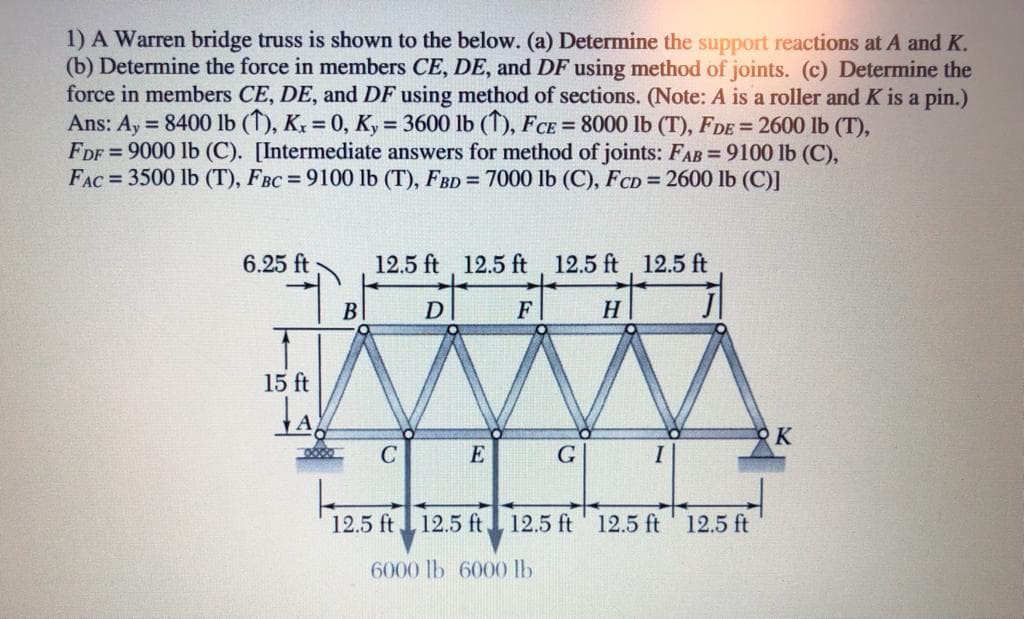 1) A Warren bridge truss is shown to the below. (a) Determine the support reactions at A and K.
(b) Determine the force in members CE, DE, and DF using method of joints. (c) Determine the
force in members CE, DE, and DF using method of sections. (Note: A is a roller and K is a pin.)
Ans: Ay = 8400 lb (1), K, = 0, Ky = 3600 lb (T), FCE = 8000 lb (T), FDE = 2600 lb (T),
FDF = 9000 lb (C). [Intermediate answers for method of joints: FAB = 9100 lb (C),
FAC = 3500 lb (T), FBC = 9100 lb (T), FBD = 7000 lb (C), FcD = 2600 lb (C)I
%3D
6.25 ft
12.5 ft, 12.5 ft 12.5 ft, 12.5 ft
В
F
H
15 ft
K
E
12.5 ft
12.5 ft 12.5 ft' 12.5 ft' 12.5 ft
6000 lb 6000 lb
