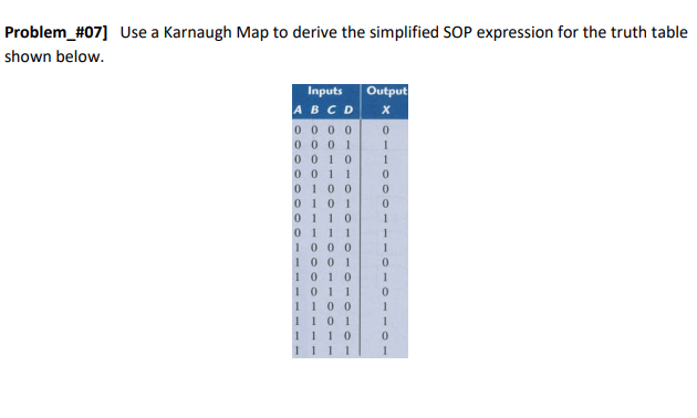 Problem_#07] Use a Karnaugh Map to derive the simplified SOP expression for the truth table
shown below.
Inputs
ABCD
0 0 0 0
0 0 0 1
0 0 1 0
0 0 11
Output
1
0100
0101
0110
1
0111
10 0 0
100 1
1010
101 1
1 10 0
1 101
1 1 10
1
