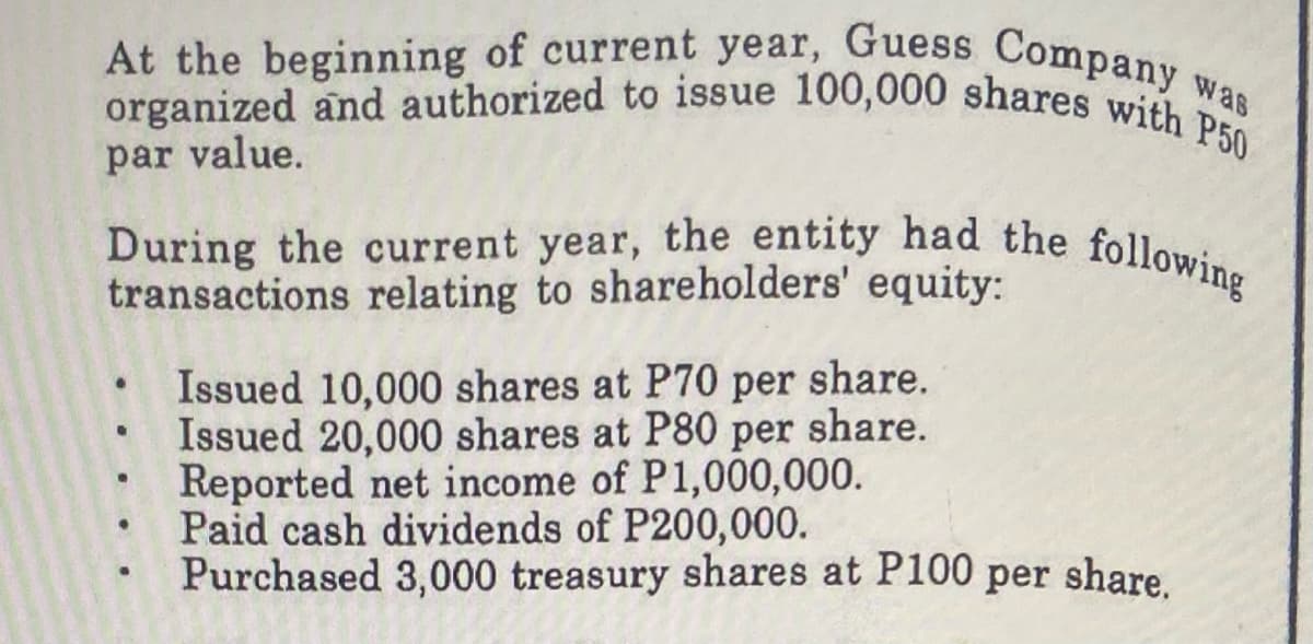 At the beginning of current year, Guess Company was
organized and authorized to issue 100,000 shares with P50
During the current year, the entity had the following
par value.
transactions relating to shareholders' equity:
Issued 10,000 shares at P70 per share.
• Issued 20,000 shares at P80 per share.
Reported net income of P1,000,000.
Paid cash dividends of P200,000.
Purchased 3,000 treasury shares at P100 per share.
