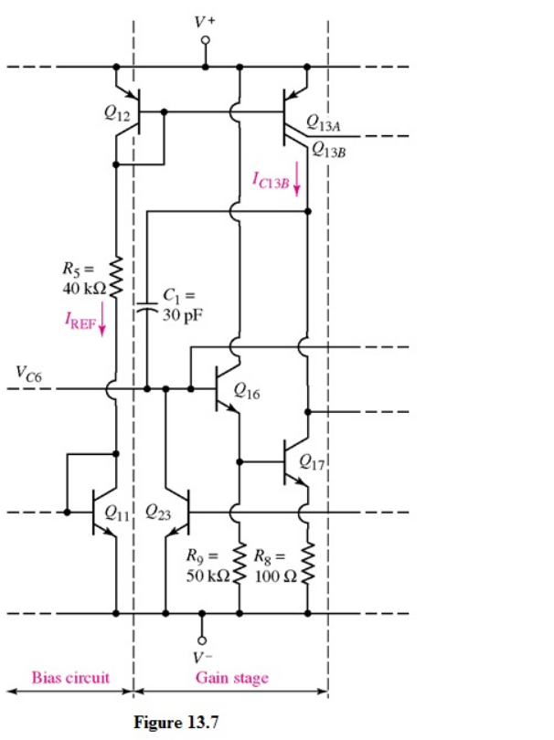 Vc6
R5=
40 ΚΩ
IREF
212
Bias circuit
C₁ =
30 pF
Q23
Ісізв,
Figure 13.7
216
R₂ =
50 ΚΩΝ
V-
Gain stage
Rg=
100 Ω
213A
213B
217!
www