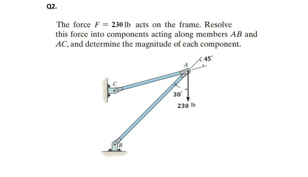 Q2.
The force F = 230 lb acts on the frame. Resolve
this force into components acting along members AB and
AC, and determine the magnitude of each component.
45
30°
230 lb