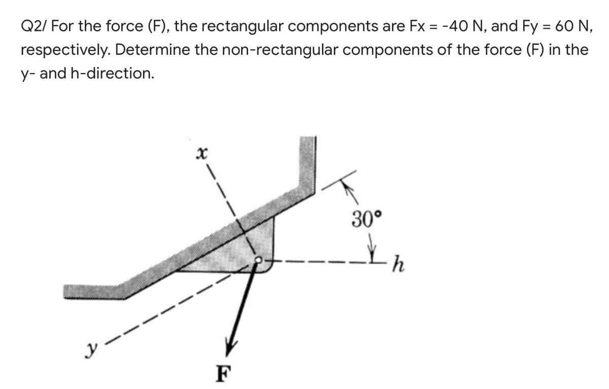 Q2/ For the force (F), the rectangular components are Fx = -40 N, and Fy = 60 N,
respectively. Determine the non-rectangular components of the force (F) in the
%3D
y- and h-direction.
30°
h
レー
F
