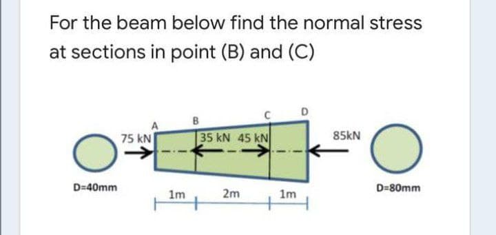 For the beam below find the normal stress
at sections in point (B) and (C)
D.
B
75 kN
35 kN 45 kN
85kN
D=40mm
D=80mm
1m
2m
1m
