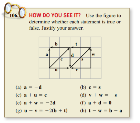 106.
HOW DO YOU SEE IT? Use the figure to
determine whether each statement is true or
false. Justify your answer.
b
S
(a) a = -d
(b) с %3Ds
(c) a + u = c
(d) v + w = -s
(e) a + w = – 2d
(f) a + d = 0
(g) u – v = - 2(b + t)
(h) t – w = b – a

