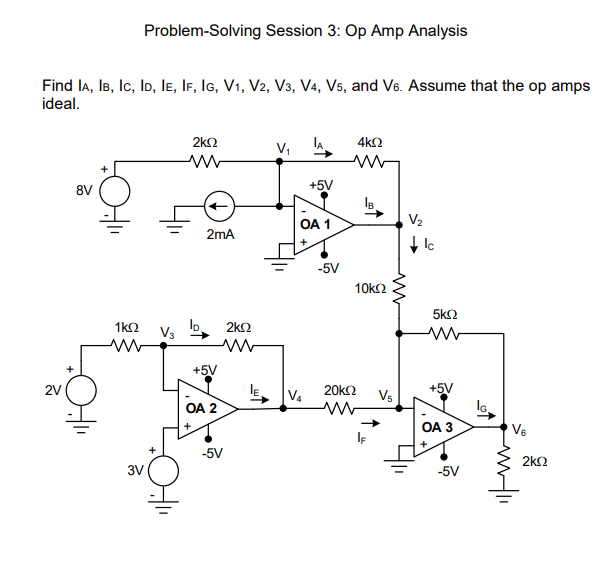 Problem-Solving Session 3: Op Amp Analysis
Find la, IB, Ic, Io, le, IF, IG, V1, V2, V3, V4, Vs, and V6. Assume that the op amps
ideal.
2kΩ
4k2
8V
+5V
OA 1
V2
2mA
-5V
10k2
5k2
1k2 Vs
2k2
+5V
2V
V 20k2
Vs
+5V
OA 2
OA 3
Ve
-5V
2k2
3V
-5V
of

