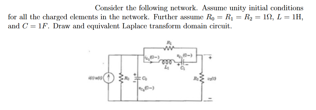 Consider the following network. Assume unity initial conditions
for all the charged elements in the network. Further assume Ro = R1 = R2 = 1N, L = 1H,
and C = 1F. Draw and equivalent Laplace transform domain circuit.
4,(0-)
", (0-)
i(t) u(t)(
0-)

