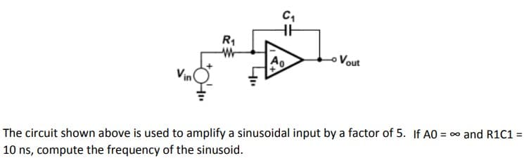 Vin
R₁
W
C₁
Ao
Vout
The circuit shown above is used to amplify a sinusoidal input by a factor of 5. If A0 = ∞ and R1C1 =
10 ns, compute the frequency of the sinusoid.