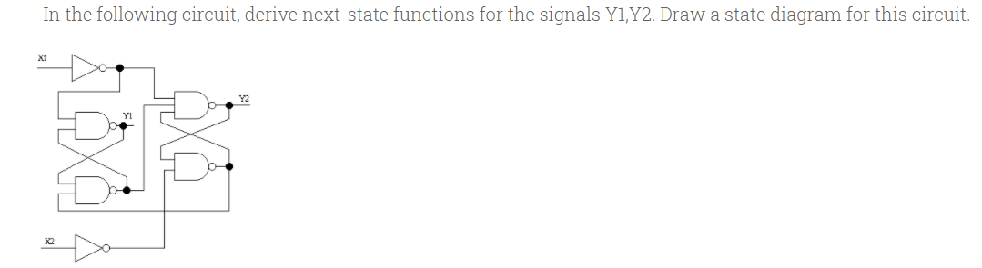 In the following circuit, derive next-state functions for the signals Y1,Y2. Draw a state diagram for this circuit.
Y2
Y1
X2
ALOXA
