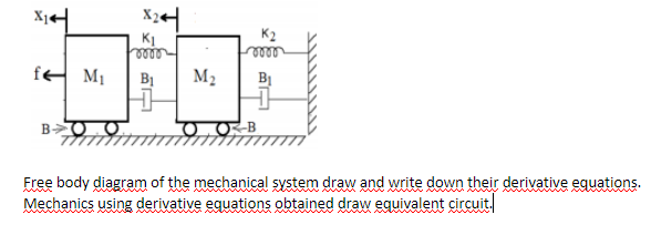 K2
KI
meel
fe M1
BỊ
M2
Free body diagram of the mechanical system draw and write down their derivative equations.
Mechanics using derivative equations obtained draw equivalent circuit,
