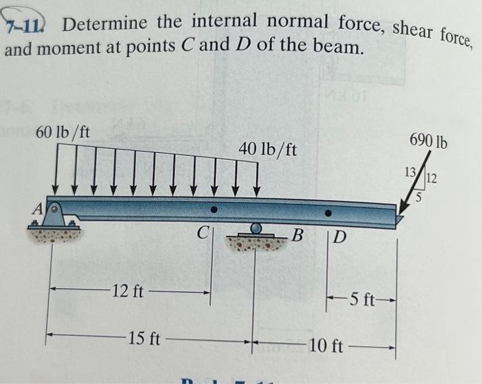 7-11 Determine the internal normal force, shear force,
and moment at points C and D of the beam.
60 lb/ft
A
-12 ft-
-15 ft-
C
40 lb/ft
-B
D
OT
-5 ft-
-10 ft-
690 lb
13 12
5