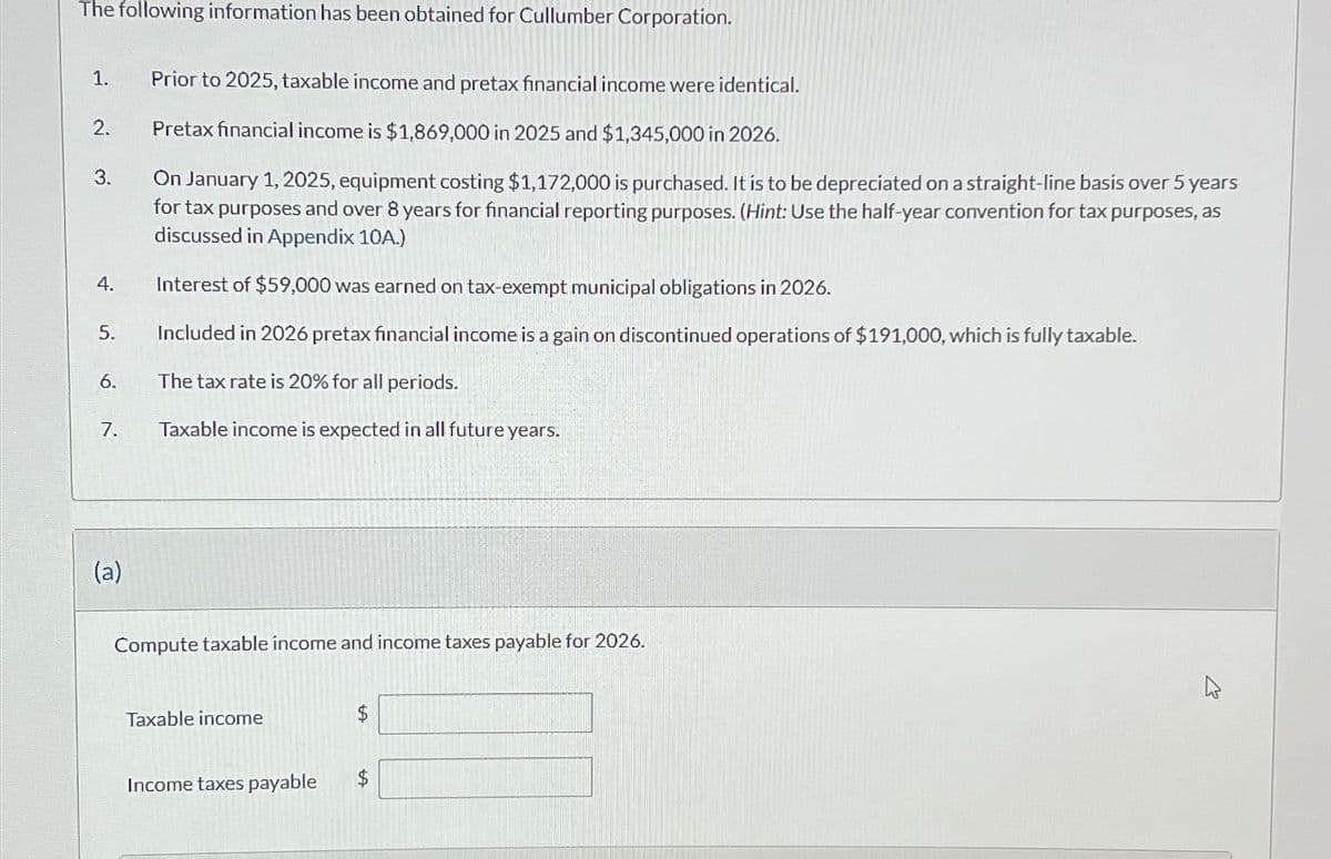 The following information has been obtained for Cullumber Corporation.
1.
Prior to 2025, taxable income and pretax financial income were identical.
2.
Pretax financial income is $1,869,000 in 2025 and $1,345,000 in 2026.
3.
On January 1, 2025, equipment costing $1,172,000 is purchased. It is to be depreciated on a straight-line basis over 5 years
for tax purposes and over 8 years for financial reporting purposes. (Hint: Use the half-year convention for tax purposes, as
discussed in Appendix 10A.)
4.
Interest of $59,000 was earned on tax-exempt municipal obligations in 2026.
5.
Included in 2026 pretax financial income is a gain on discontinued operations of $191,000, which is fully taxable.
6.
The tax rate is 20% for all periods.
7.
Taxable income is expected in all future years.
(a)
Compute taxable income and income taxes payable for 2026.
Taxable income
$
Income taxes payable