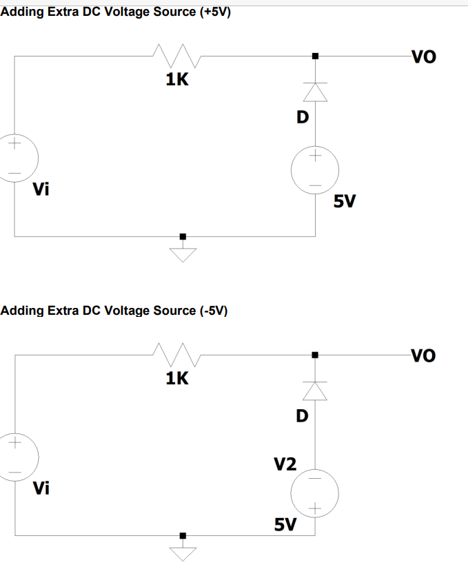 Adding Extra DC Voltage Source (+5V)
VO
1K
D
Vi
5V
Adding Extra DC Voltage Source (-5V)
VO
1K
D
V2
Vi
5V
