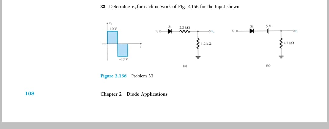 33. Determine v, for each network of Fig. 2.156 for the input shown.
2.2 k2
5V
10 V
1.2 kQ
4.7 kQ
-10 V
(a)
(b)
Figure 2.156 Problem 33
108
Chapter 2 Diode Applications

