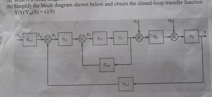 (b) Simplify the block diagram shown below and obtain the closed-loop transfer function
Y(S)/Y sp(S) = G(S)
Yp
Km!
Gel
G₂2
Gm2
G₁
Gm1
G₂
D₂
G3
Y