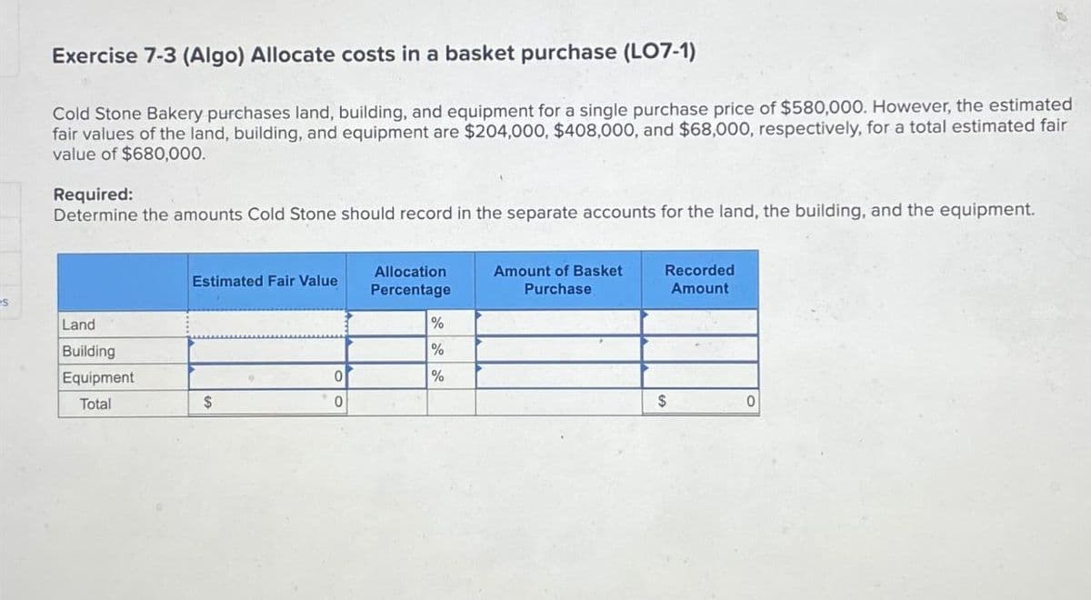Exercise 7-3 (Algo) Allocate costs in a basket purchase (LO7-1)
Cold Stone Bakery purchases land, building, and equipment for a single purchase price of $580,000. However, the estimated
fair values of the land, building, and equipment are $204,000, $408,000, and $68,000, respectively, for a total estimated fair
value of $680,000.
Required:
Determine the amounts Cold Stone should record in the separate accounts for the land, the building, and the equipment.
Estimated Fair Value
Allocation
Percentage
Amount of Basket
Purchase
Recorded
Amount
S
Land
%
Building
%
Equipment
0
%
Total
$
0
$
0