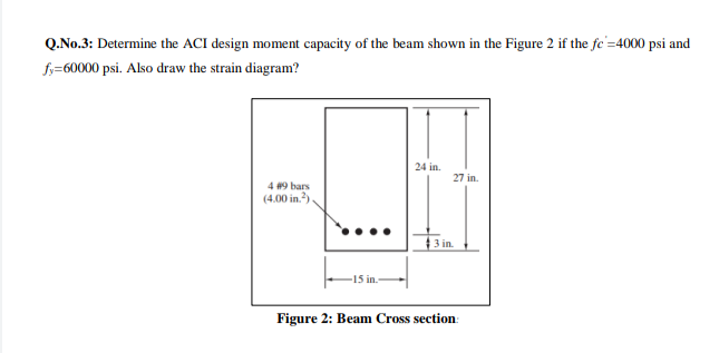 Q.No.3: Determine the ACI design moment capacity of the beam shown in the Figure 2 if the fc=4000 psi and
fy=60000 psi. Also draw the strain diagram?
4 #9 bars
(4.00 in.2).
-15 in.-
24 in.
27 in.
#3 in.
Figure 2: Beam Cross section: