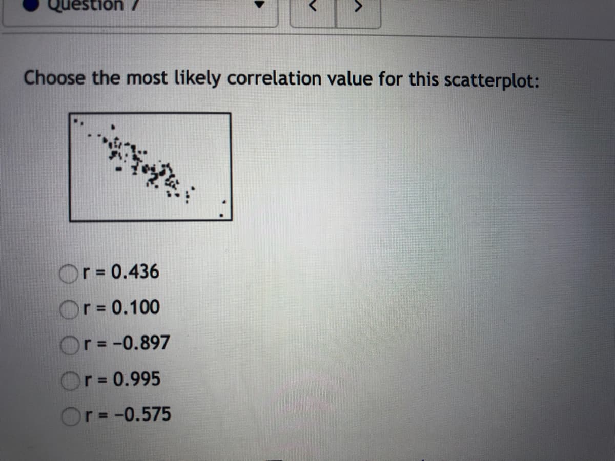 Choose the most likely correlation value for this scatterplot:
Or = 0.436
Or= 0.100
%3D
Or = -0.897
%D
Or= 0.995
%3D
Or= -0.575
%3D
