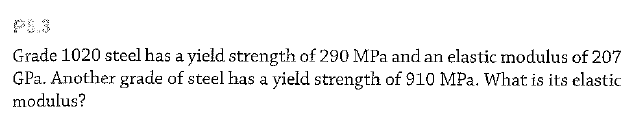 PL.3
Grade 1020 steel has a yield strength of 290 MPa and an elastic modulus of 207
GPa. Another grade of steel has a yield strength of 910 MPa. What is its elastic
modulus?
