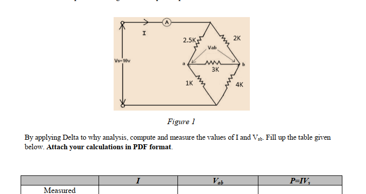 I
2.5K
2K
Vab
Vs-10v
a
3K
1K
4K
Figure 1
By applying Delta to why analysis, compute and measure the values of I and Vap. Fill up the table given
below. Attach your calculations in PDF format.
I
Vab
P=IV,
Measured
