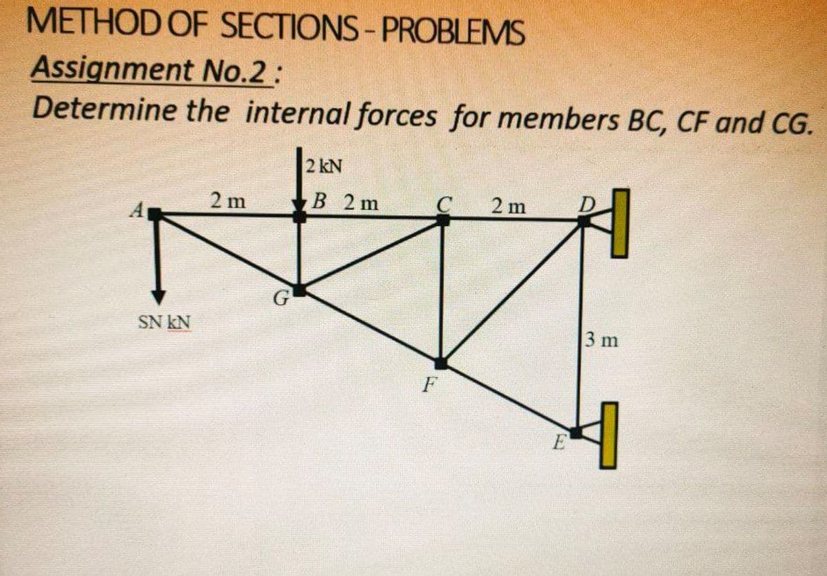 METHOD OF SECTIONS-PROBLEMS
Assignment No.2:
Determine the internal forces for members BC, CF and CG.
2 kN
2 m
В 2 m
C
2 m
SN kN
3 m
F
E

