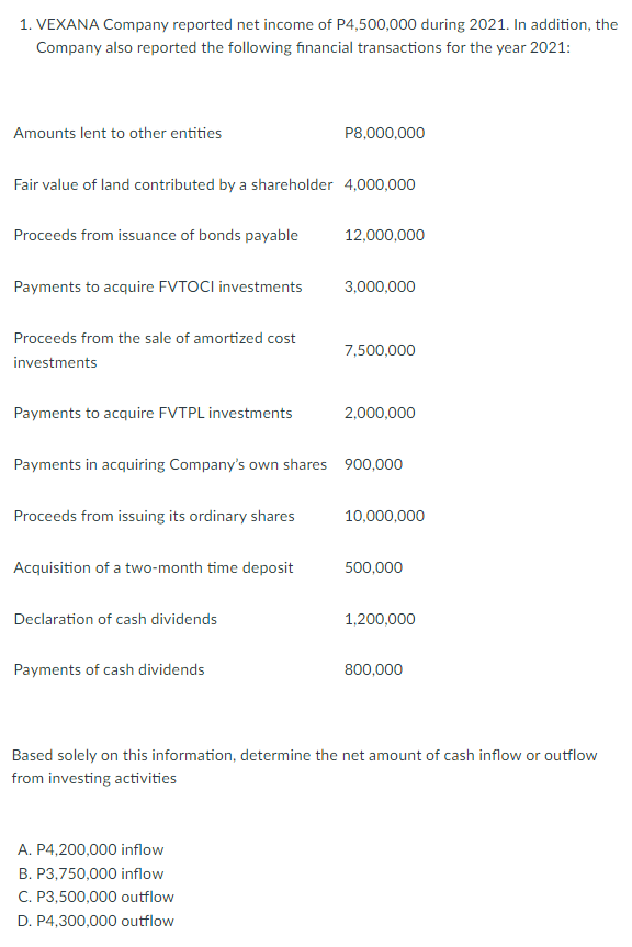 1. VEXANA Company reported net income of P4,500,000 during 2021. In addition, the
Company also reported the following financial transactions for the year 2021:
Amounts lent to other entities
P8,000,000
Fair value of land contributed by a shareholder 4,000,000
Proceeds from issuance of bonds payable
12,000,000
Payments to acquire FVTOCI investments
3,000,000
Proceeds from the sale of amortized cost
7,500,000
investments
Payments to acquire FVTPL investments
2,000,000
Payments in acquiring Company's own shares 900,000
Proceeds from issuing its ordinary shares
10,000,000
Acquisition of a two-month time deposit
500,000
Declaration of cash dividends
1,200,000
Payments of cash dividends
800,000
Based solely on this information, determine the net amount of cash inflow or outflow
from investing activities
A. P4,200,000 inflow
B. P3,750,000 inflow
C. P3,500,000 outflow
D. P4,300,000 outflow
