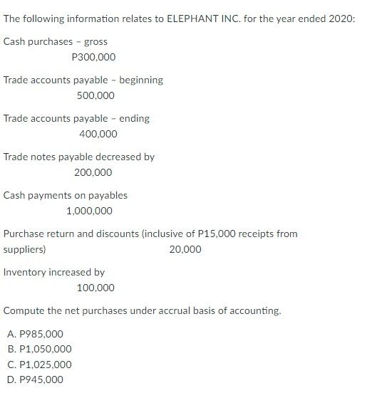 The following information relates to ELEPHANT INC. for the year ended 2020:
Cash purchases - gross
P300,000
Trade accounts payable - beginning
500,000
Trade accounts payable - ending
400,000
Trade notes payable decreased by
200,000
Cash payments on payables
1,000,000
Purchase return and discounts (inclusive of P15,000 receipts from
suppliers)
20,000
Inventory increased by
100,000
Compute the net purchases under accrual basis of accounting.
A. P985,000
B. P1,050,000
C. P1,025,000
D. P945,000
