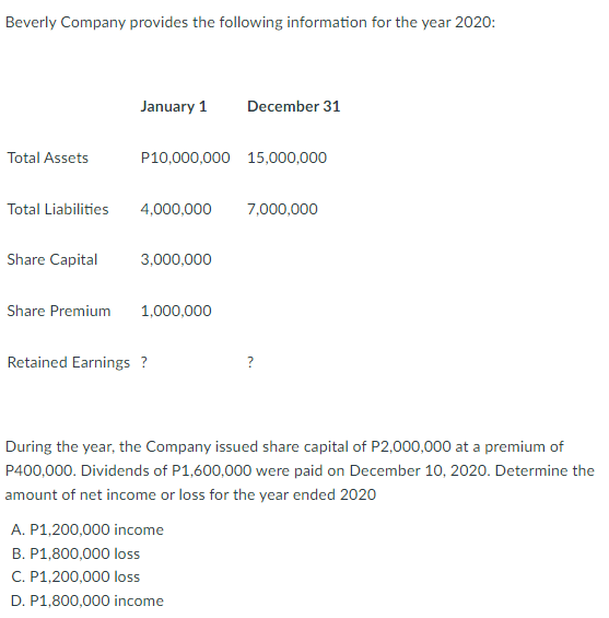 Beverly Company provides the following information for the year 2020:
January 1
December 31
Total Assets
P10,000,000 15,000,000
Total Liabilities
4,000,000
7,000,000
Share Capital
3,000,000
Share Premium
1,000,000
Retained Earnings ?
?
During the year, the Company issued share capital of P2,000,000 at a premium of
P400,000. Dividends of P1,600,000 were paid on December 10, 2020. Determine the
amount of net income or loss for the year ended 2020
A. P1,200,000 income
B. P1,800,000 loss
C. P1,200,000 loss
D. P1,800,000 income
