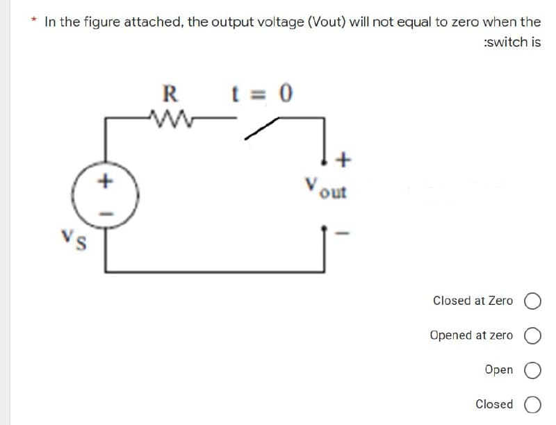 * In the figure attached, the output voltage (Vout) will not equal to zero when the
:switch is
t = 0
R
www
VS
Vout
Closed at Zero
Opened at zero
Open
Closed