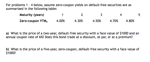 For problems 1 - 4 below, assume zero-coupon yields on default-free securities are as
summarized in the following table:
Maturity (years)
Zero-coupon YTM
1
4.00%
2
4.30%
3
4.50%
4.70% 4.80%
5
a) What is the price of a two-year, default-free security with a face value of $1000 and an
annual coupon rate of 6%? Does this bond trade at a discount, at par, or at a premium?
b) What is the price of a five-year, zero-coupon, default-free security with a face value of
$1000?