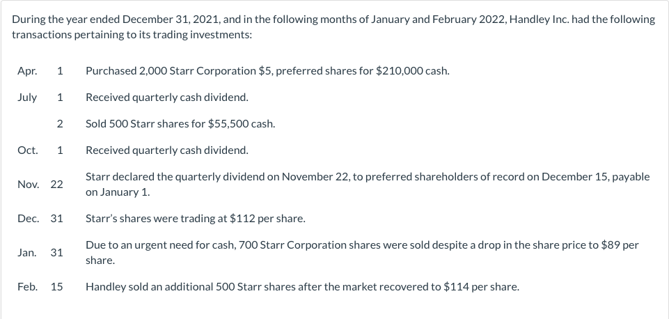 During the year ended December 31, 2021, and in the following months of January and February 2022, Handley Inc. had the following
transactions pertaining to its trading investments:
Apr.
July
Oct.
1 Purchased 2,000 Starr Corporation $5, preferred shares for $210,000 cash.
1 Received quarterly cash dividend.
2
1
Nov. 22
Dec. 31
Jan. 31
Feb. 15
Sold 500 Starr shares for $55,500 cash.
Received quarterly cash dividend.
Starr declared the quarterly dividend on November 22, to preferred shareholders of record on December 15, payable
on January 1.
Starr's shares were trading at $112 per share.
Due to an urgent need for cash, 700 Starr Corporation shares were sold despite a drop in the share price to $89 per
share.
Handley sold an additional 500 Starr shares after the market recovered to $114 per share.