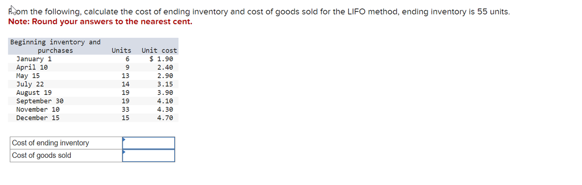 From the following, calculate the cost of ending inventory and cost of goods sold for the LIFO method, ending inventory is 55 units.
Note: Round your answers to the nearest cent.
Beginning inventory and
purchases
January 1
April 10
May 15
July 22
August 19
September 30
November 10
December 15
Cost of ending inventory
Cost of goods sold
Units
CONHEIME
6
9
13
14
19
19
33
15
Unit cost
$ 1.90
2.40
2.90
3.15
3.90
4.10
4.30
4.70