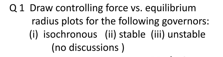 Q1 Draw controlling force vs. equilibrium
radius plots for the following governors:
(i) isochronous (ii) stable (ii) unstable
(no discussions )
