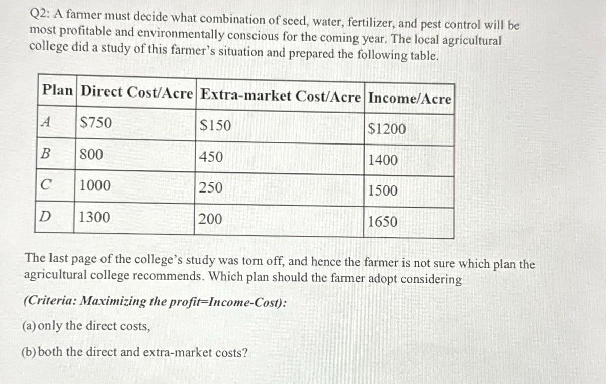 Q2: A farmer must decide what combination of seed, water, fertilizer, and pest control will be
most profitable and environmentally conscious for the coming year. The local agricultural
college did a study of this farmer's situation and prepared the following table.
Plan Direct Cost/Acre Extra-market Cost/Acre Income/Acre
A
$750
B
C
D
800
1000
1300
$150
450
250
200
$1200
1400
1500
1650
The last page of the college's study was torn off, and hence the farmer is not sure which plan the
agricultural college recommends. Which plan should the farmer adopt considering
(Criteria: Maximizing the profit-Income-Cost):
(a) only the direct costs,
(b) both the direct and extra-market costs?