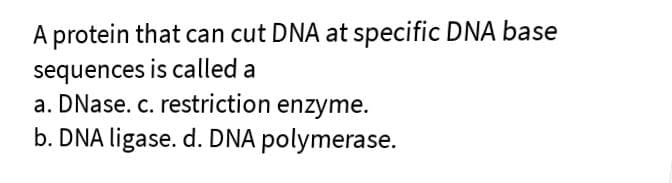 A protein that can cut DNA at specific DNA base
sequences is called a
a. DNase. c. restriction enzyme.
b. DNA ligase. d. DNA polymerase.
