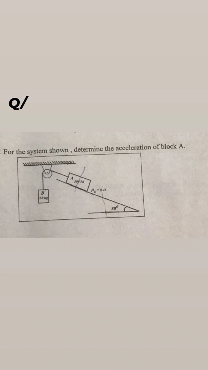 Q/
= For the system shown, determine the acceleration of block A.
A
300 kg
14-0,45
B
50 kg
30°