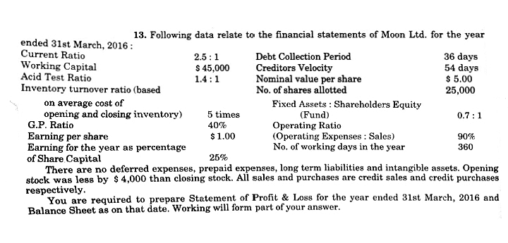 13. Following data relate to the financial statements of Moon Ltd. for the year
ended 31st March, 2016 :
Current Ratio
Working Capital
Acid Test Ratio
Inventory turnover ratio (based
on average cost of
opening and closing inventory)
G.P. Ratio
2.5:1
$ 45,000
Debt Collection Period
Creditors Velocity
Nominal value per share
No. of shares allotted
36 days
54 days
$ 5.00
25,000
1.4 :1
Fixed Assets : Shareholders Equity
(Fund)
Operating Ratio
(Operating Expenses : Sales)
No. of working days in the year
5 times
0.7:1
40%
Earning per share
Earning for the year as percentage
of Share Capital
There are no deferred expenses, prepaid expenses, long term liabilities and intangible assets. Opening
stock was less by $ 4,000 than closing stock. All sales and purchases are credit sales and credit purchases
respectively.
You are required to prepare Statement of Profit & Loss for the year ended 31st March, 2016 and
Balance Sheet as on that date. Working will form part of your answer.
$1.00
90%
360
25%
