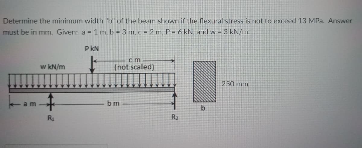 Determine the minimum width "b" of the beam shown if the flexural stress is not to exceed 13 MPa. Answer
must be in mm. Given: a = 1 m, b = 3 m, c = 2 m, P = 6 kN, and w = 3 kN/m.
P kN
cm
w kN/m
(not scaled)
250 mm
am
b m
b.
R1
R2
