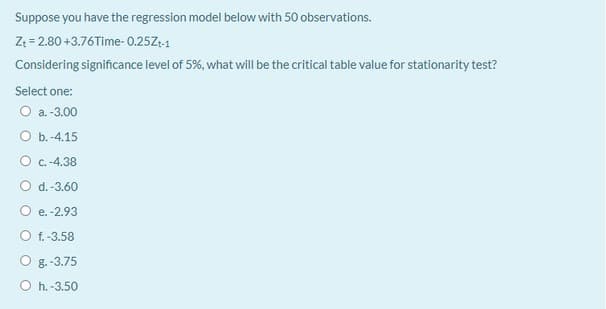 Suppose you have the regression model below with 50 observations.
Z: = 2.80 +3.76Time- 0.25Z-1
Considering significance level of 5%, what will be the critical table value for stationarity test?
Select one:
О а. 3.00
О .-4.15
O C.-4.38
O d.-3.60
O e. -2.93
O f. -3.58
O 8.-3.75
O h. -3.50
