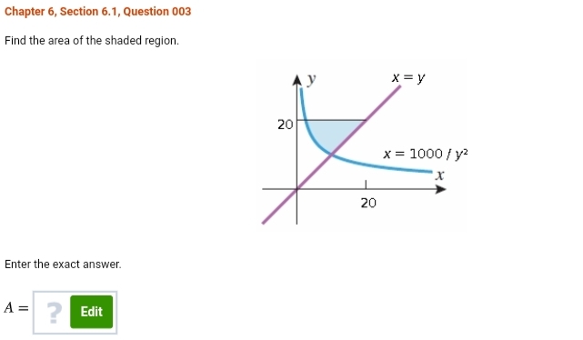 Chapter 6, Section 6.1, Question 003
Find the area of the shaded region.
X = y
20
x = 1000 / y?
20
Enter the exact answer.
A =
? Edit
%3D
