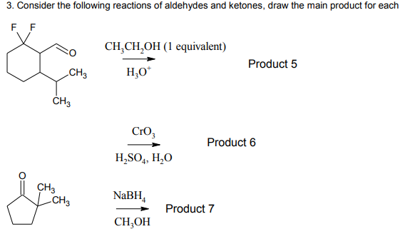 3. Consider the following reactions of aldehydes and ketones, draw the main product for each
F F
CH3
CH3
CH3
grou
-CH3
CH₂CH₂OH (1 equivalent)
H₂O*
CrO₂
H₂SO4, H₂O
NaBH4
CH₂OH
Product 5
Product 6
Product 7