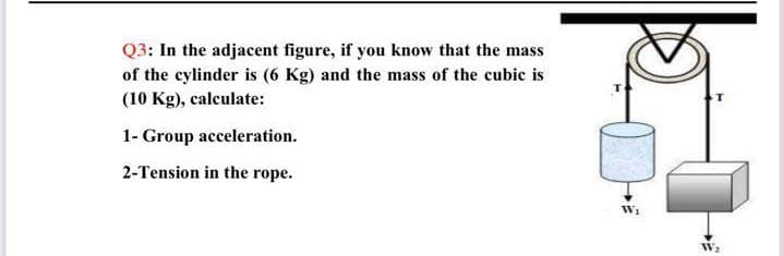 Q3: In the adjacent figure, if you know that the mass
of the cylinder is (6 Kg) and the mass of the cubic is
(10 Kg), calculate:
1- Group acceleration.
2-Tension in the rope.